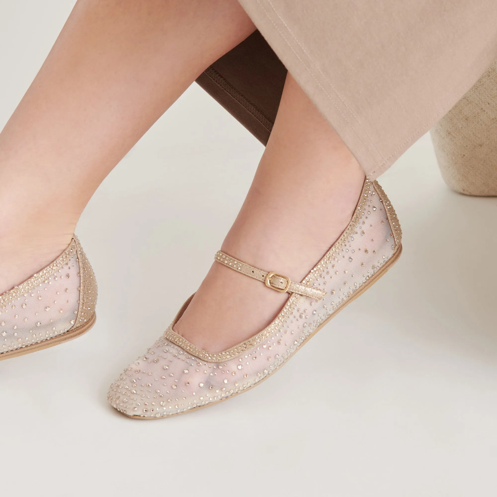 REYES CRYSTAL BALLET FLATS GOLD MESH