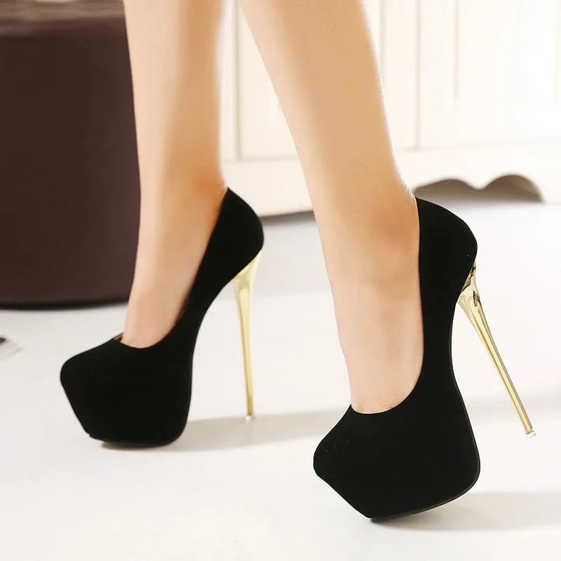 Stylish Suedette Platform Pumps with Gold Stiletto Heels