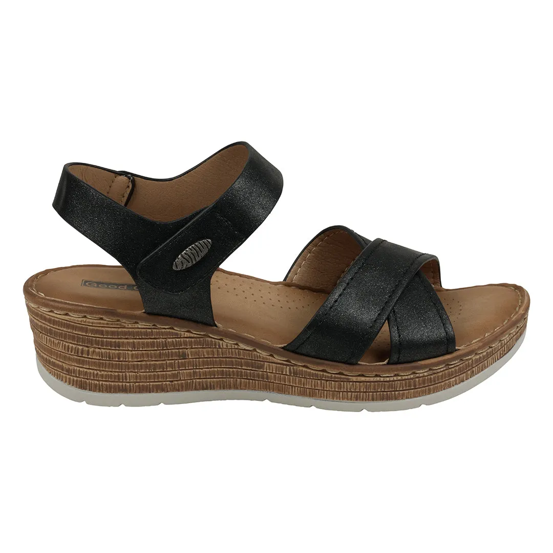 Vienna Black Cross Strap Velcro Slingback Wedge Sandals