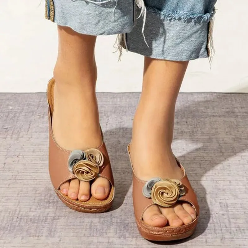 Women peep toe flower  slide wedge sandals