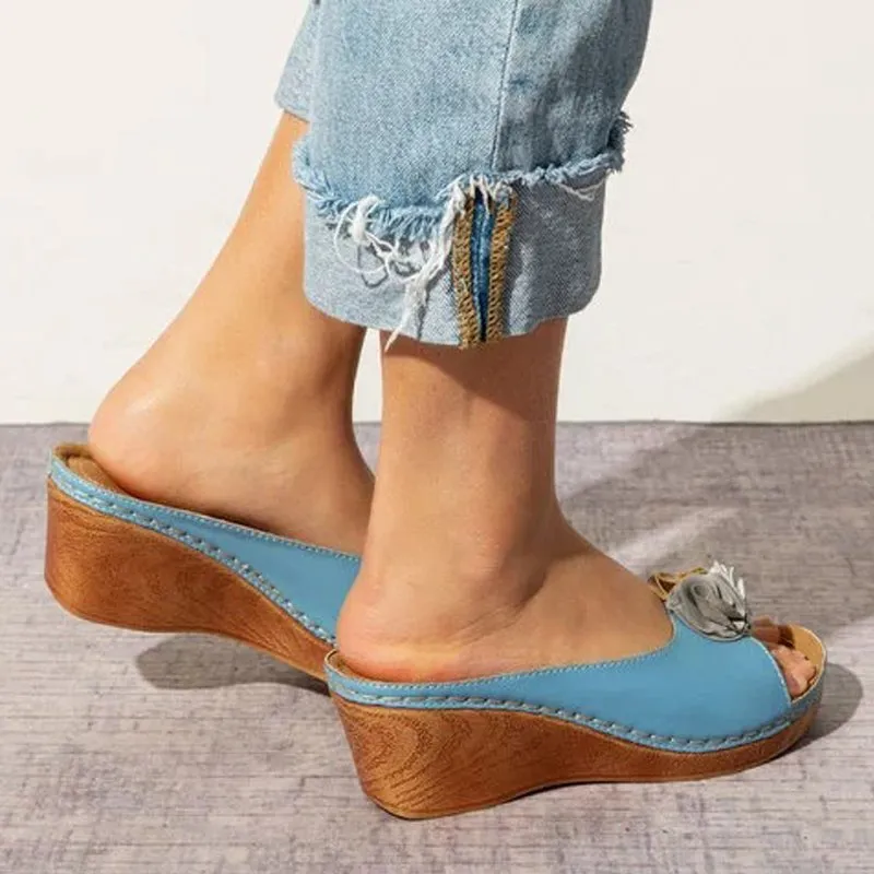 Women peep toe flower  slide wedge sandals