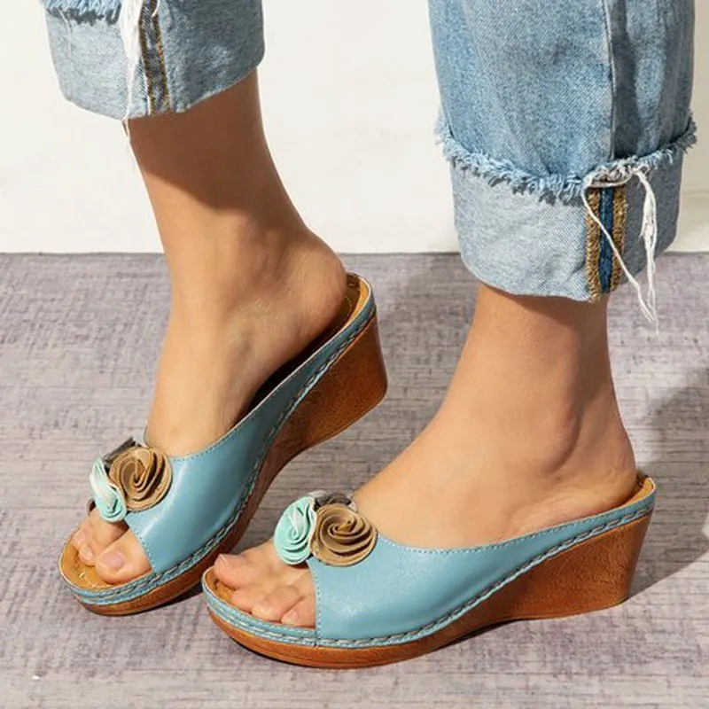 Women peep toe flower  slide wedge sandals