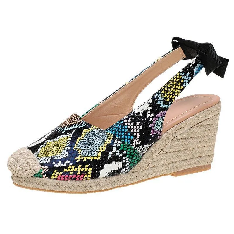 Women round toe slingback bow slip on espadrille wedge sandals