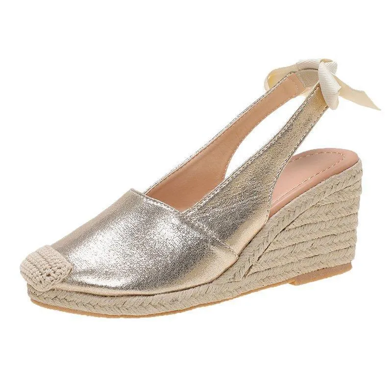 Women round toe slingback bow slip on espadrille wedge sandals