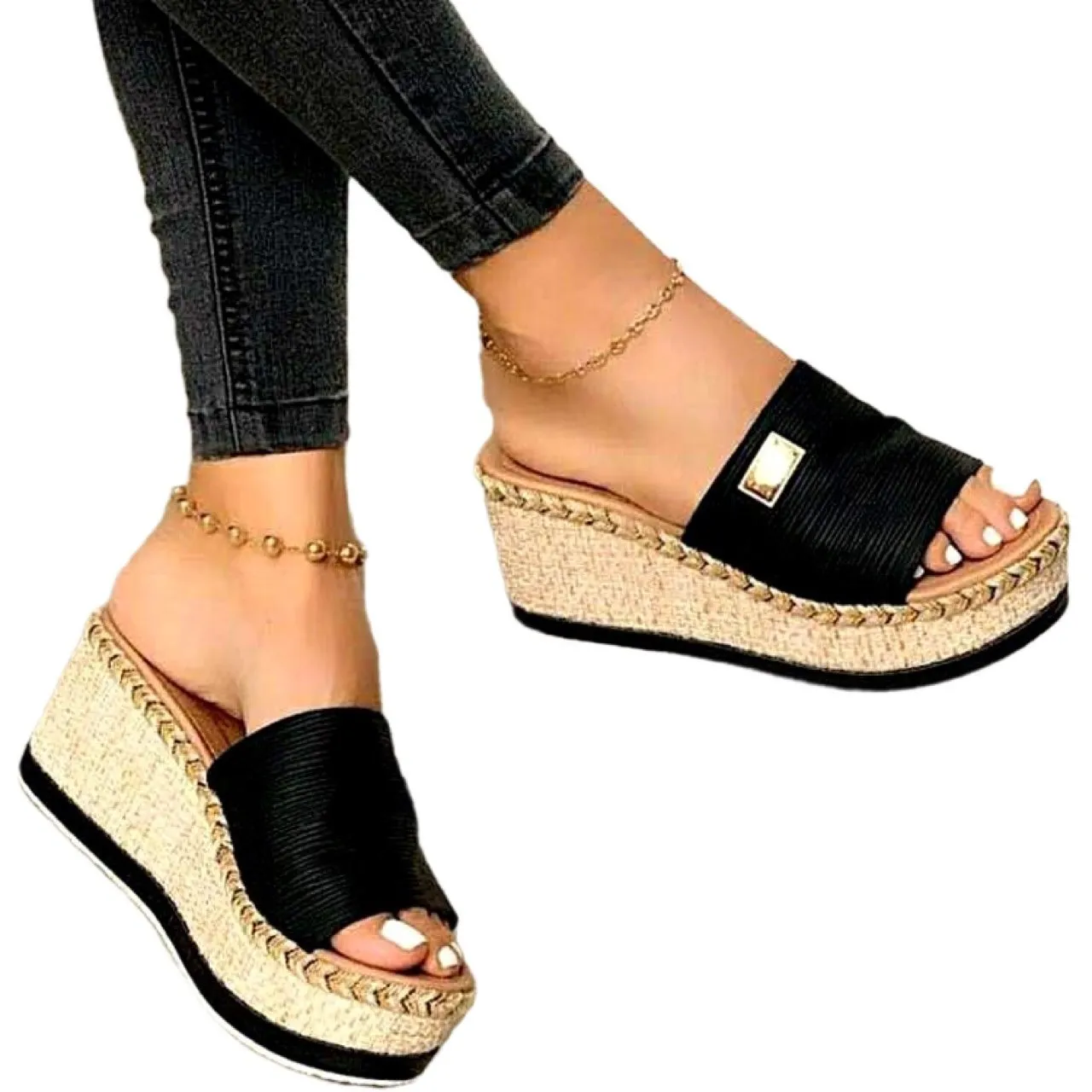 Women slide chunky platform 
summer wedge espadrille sandals