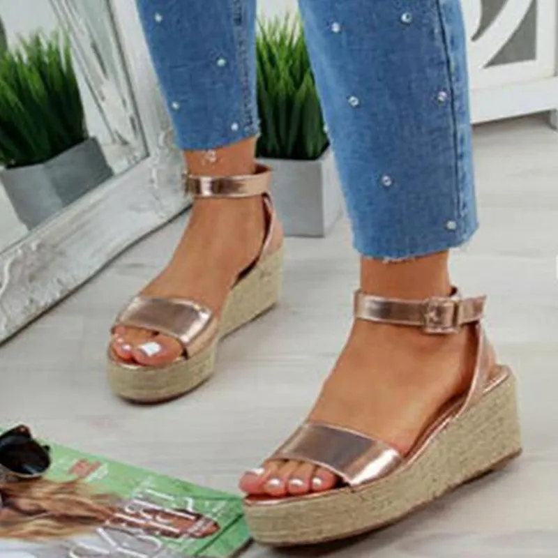 Women's espadrille platform wedge sandals with ankle buckle strap