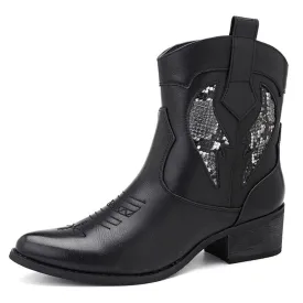 Women's Fashion Cowgirl Western Ankle Boots - Black,White