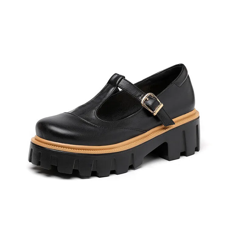 Women's Square Toe T Strap Chunky Heel Platform Loafers