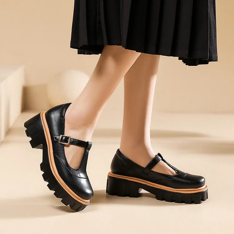 Women's Square Toe T Strap Chunky Heel Platform Loafers